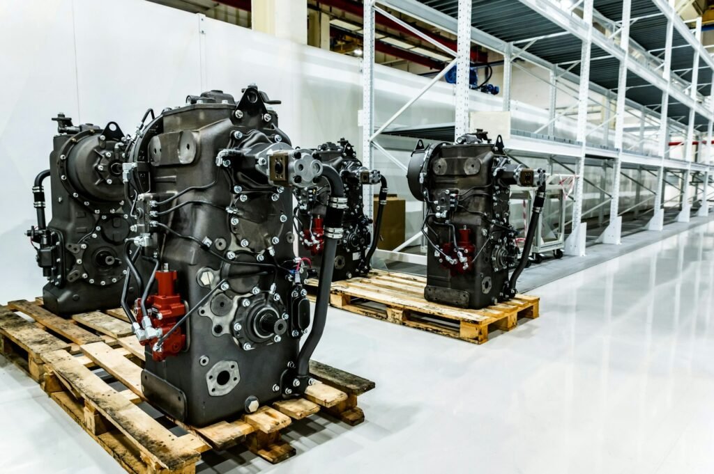 Disassembled tractor parts on the modern tractor factory